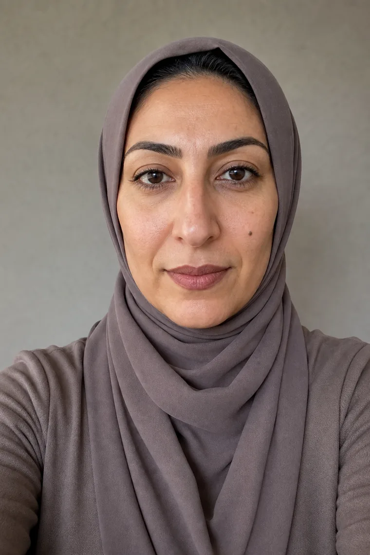 Synthetic source portrait for case 08, a 42-year-old Middle Eastern woman wearing hijab